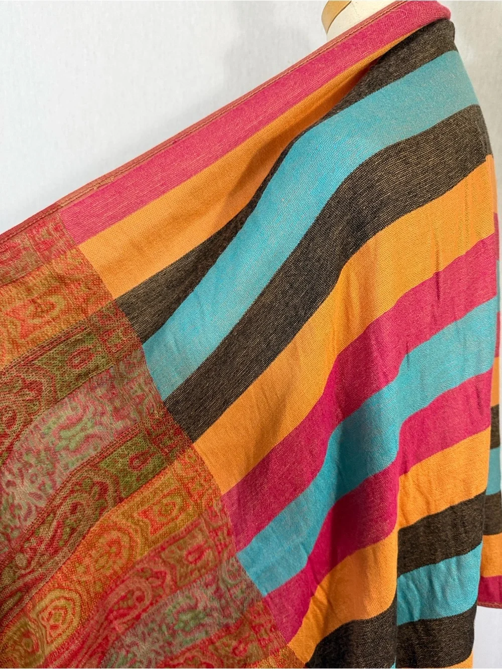 pashmina silk blend Paisley Stripe Shawl wrap scarf Orange turquoise Brown Cream